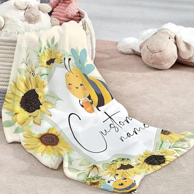 Custom Baby Crib Bedding Set - Yellow Bee Design Personalized Name Baby Nursery Bedding 3 Pcs Set - Chic Soft Blanket, Fitted Sheet, Room Rug for Newborns Boys Girls Gifts