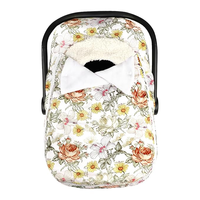 Winter Car Seat Cover for Babies Girl Boy, Super Warm Plush Fleece Infant Carseat Cover for Stroller Car Seat, Double Sides Zipper Winter Car Seat Canopy for Newborn, Yellow Vintage Floral