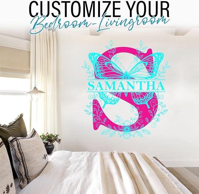 Custom Butterfly Name Wall Decal Personalized Floral Alphabet Letters Transparent DTF Vinyl Removable Nursery Wall Decals for Baby Kids Room, Teen Bedroom, Window, Cute Home Decor Gifts