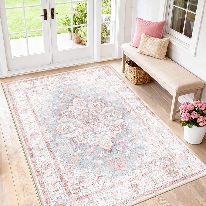 Machine Washable Rugs Nursery Rug 4x6 Cute Girl Non Slip Low Pile Water Repellent Soft Print Pattern for Bedroom Indoor Decor Kids Playroom Pinkblue