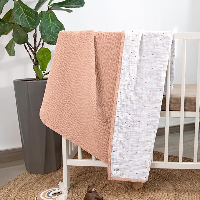lulumoon Muslin Baby Blanket - Cotton Quilt Blankets for Toddlers - Reversible Nursery Crib Blanket for Baby Boys and Girls 47"x47"(Peach Pink)