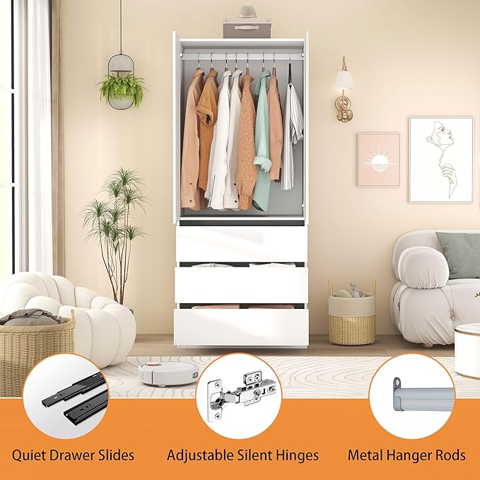 Armoire Wardrobe Closet with Drawers：75" Large White Wardrobe Closet Cabinet with 6 Doors for Hanging Clothes, Modern Wooden Bedroom Armoires with 9 Drawers and Storage (B+B+B, 94.5")