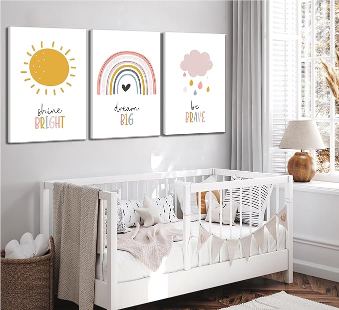 3 Pcs Boho Nursery Canvas Wall Art Dream Big Be Brave Shine Bright Bohemia Sun Rainbow Pictures Kids Wall Decor Poster Print Artwork for Boys Girls Bedroom Children Room Home Decoration