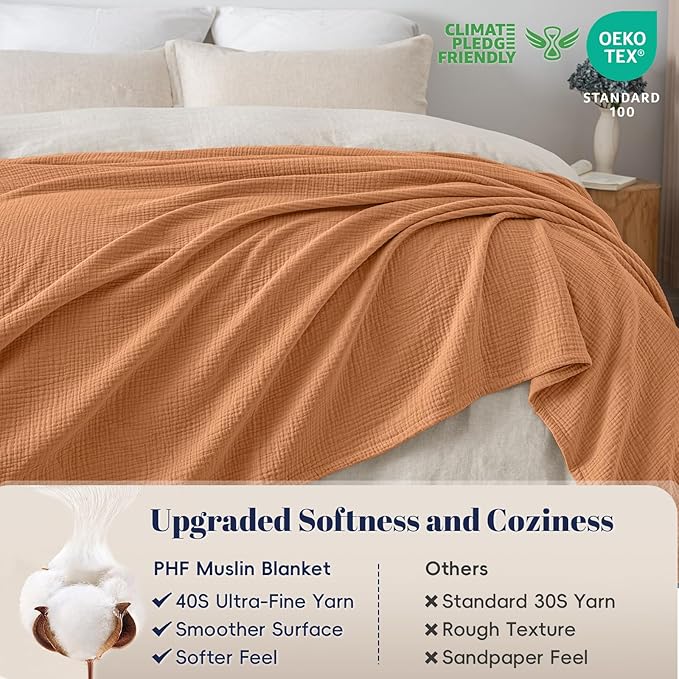 PHF 100% Cotton Muslin Blanket Queen Size 90"x90", 4-Layer Lightweight Gauze Throw, Breathable Cloud-Soft Minimalist Blanket for Bed, Couch, Camping & Baby, Caramel, Ideal Gift