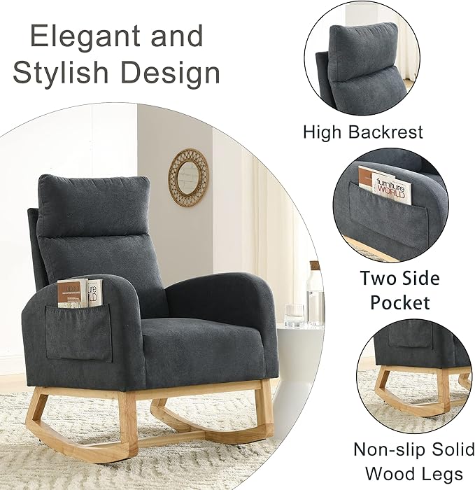 Nursery Rocking Chair with Solid Wood Legs, Glider Chair for Nursery with Two Side Pockets, Rocker Armchair for Living Room Bedroom (Dark Grey, Linen Fabric)