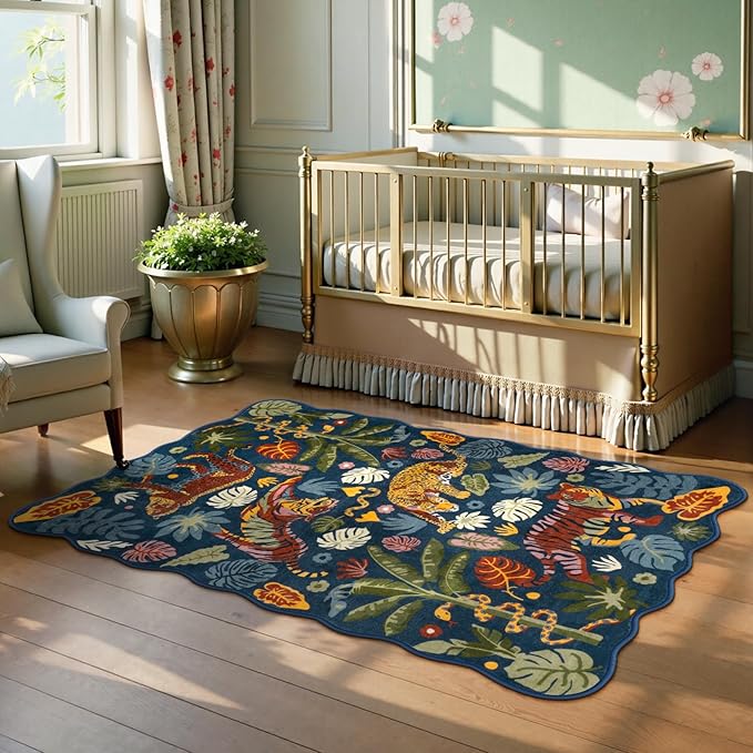 LEEVAN 3x5 Bedroom Rug Washable Tiger Kitchen Rugs Non Slip Blue Entryway Mat Scalloped Office Floor Pad Leopard Living Room Rug Low Pile Playroom Carpet Jungle Kids Mat