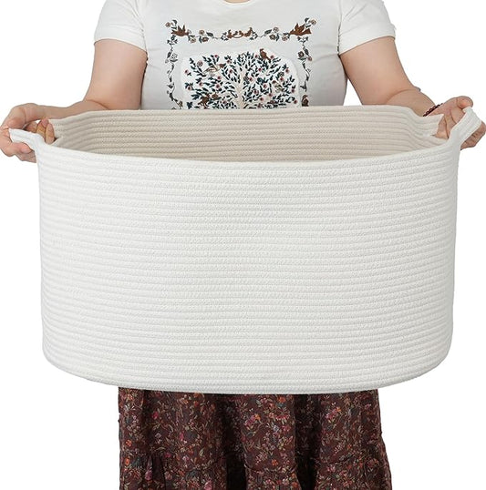 Large Rectangle Blankets Basket Living Room 22"x17"x12" Woven Cotton Rope Storage Baskets for Nursery Toy Baskets for Kids and Dogs Wicker Laundry Basket Bin for Clothes Towels white