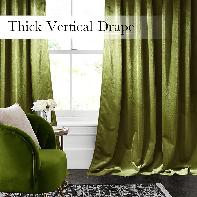 StangH Shinny Olive Green Velvet Curtain 96 inches Long - Thick Soft Drapes Thermal Insulated Luxury Curtains for Living Room/Home Office Theater, W52 x L96, 2 Panels