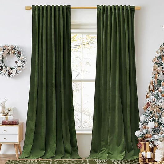 StangH Moss Green Curtains for Bedroom 102 inches Long Velvet Blackout Thermal Insulated Sliding Door Drapes Back Tab Thick Privacy for Living Room/Spring Decor, W52 x L102, 2 Panels