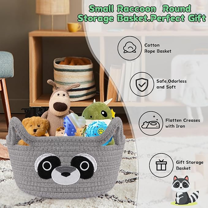 Small Storage Basket for Nursery, Raccoon Storage Basket, Round Woven Rope Cotton Storage, Baby Blanket 0rganizer with Ears Handles, Animal Blanket Towel Decor Storage Bins, 8.2"D x 4.7"H IN