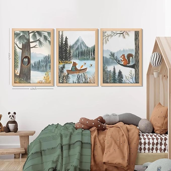 Framed Cute Animals Wall Art Set of 3, Woodland Bear Canoe Adventure Nursery Decor, Owl Squirrel Kids Room Pictures Prints, Wild Animals Canvas Wall Decor for Baby Room Decor – 12x16 inch