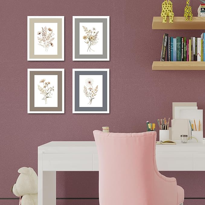 JINYO Vintage Boho Neutral Wildflower Wall Art Prints Set of 4, Floral Wall Decor, Cottagecore Botanical Floral Wall Decor Posters Pictures for Home Bedroom Living Room, 8x10 Unframed