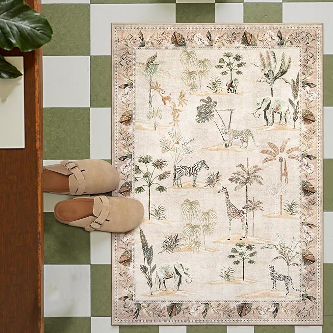 jinchan 2x3 Beige Jungle Rug for Entryway, Washable Throw Rug Animals Print Kitchen Mat, Indoor Doormat Ultra-Thin Low-Pile Non-Slip Soft Botanical Carpet for Bedroom Bathroom Entrance (2'x3', Beige)