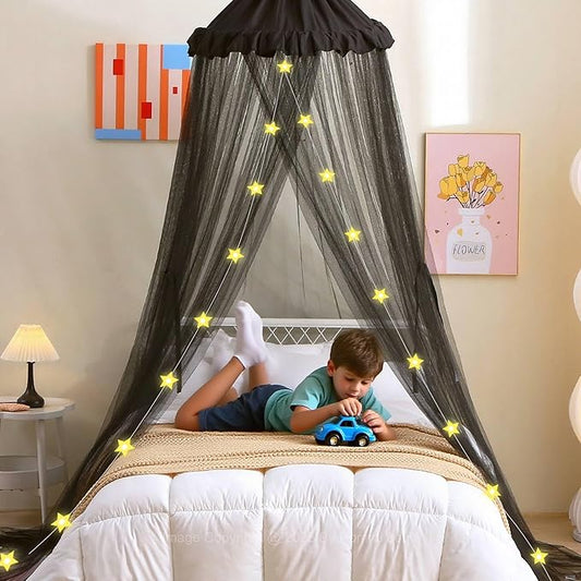 Boys Bed Canopy with Stars Lights, Kids Canopy Bed Curtains for Twin, Full, Queen Size Bed Hanging Canopy for Bedroom Decor, Kids Adult Sheer Canopy Curtain (Black)
