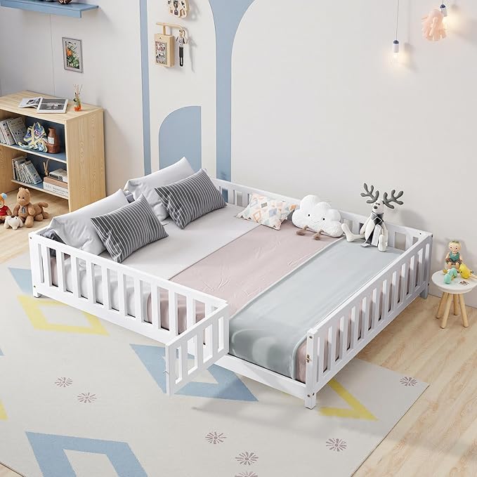 Full Size Floor Platform Bed with Fence and Lockable Door, Wood Montessori Bed Frame with Slat Support for Kids,Girls,Boys, Easy to Assemble,White
