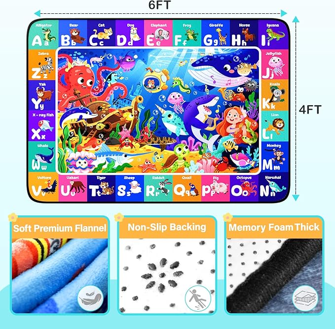 Ocean ABC Rug for Kids Playroom 4x6FT Sea Animals Kids Rugs Non-Slip Play Carpet Baby Play Mat for Floor Washable Alphabet Nursery Preschool Daycare Classroom Carpet