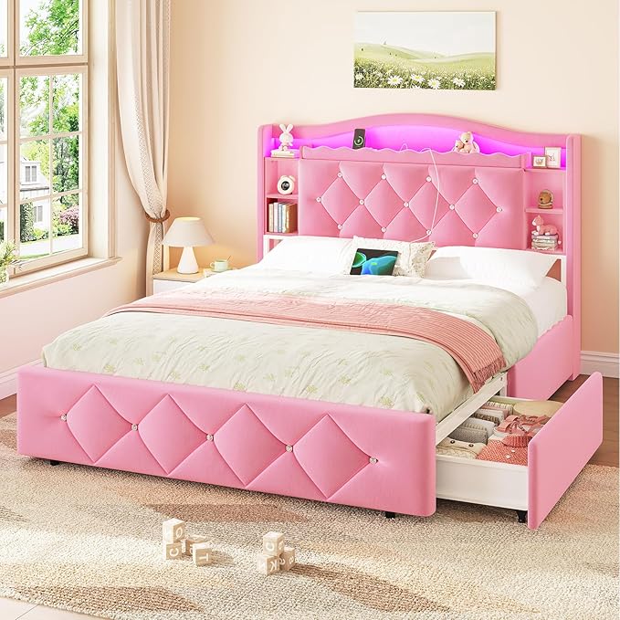 DICTAC Full Size Bed Frame for Girls with 4 Storage Drawers, Bookcase Headboard, LED Lights and Power Outlets, Diamond Tufted Velvet Upholstered Princess Platform Bed, Heavy-Duty Metal Support, Pink