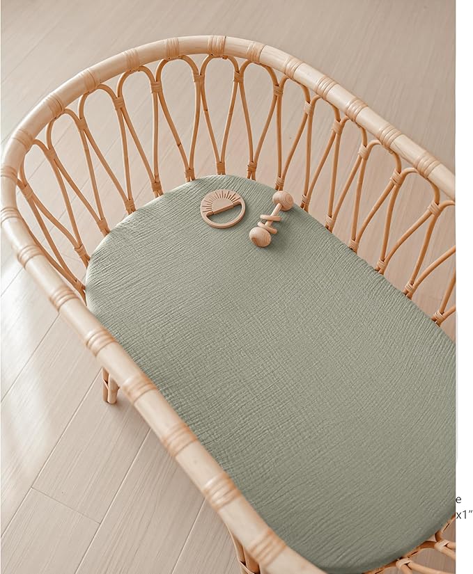 Konssy Muslin Bassinet Sheets for Baby Girl Boy, 2 Pack Soft Breathable Baby Bassinet Mattress Sheets Fit for Hourglass Oval Cradle, Moses Basket Rectangle Mattress (Tree,Fog Green)