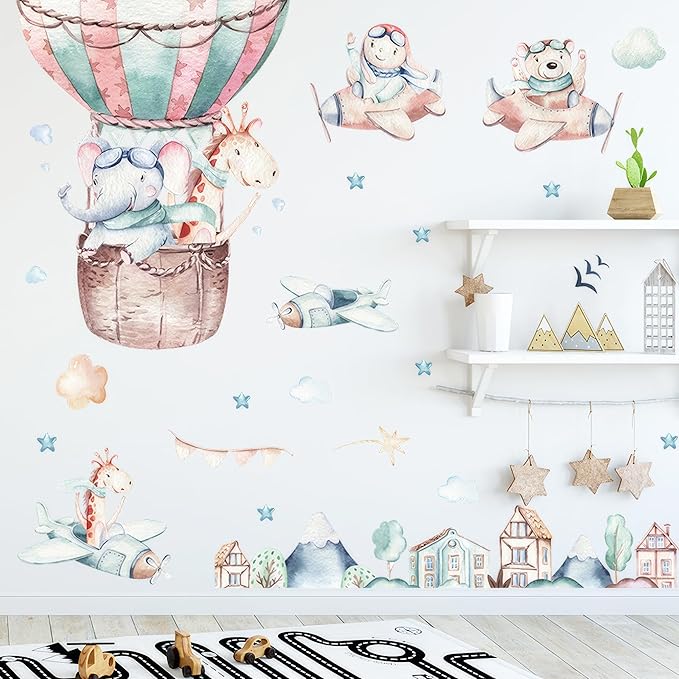 Flying Animals Wall Decals - Peel and Stick Hot Air Balloon Animals Wall Stickers, Aircrafts Decor for Baby Nursery, Toddler & Kids Bedroom Walls - Airplanes, Elephant, Giraffe, Bear