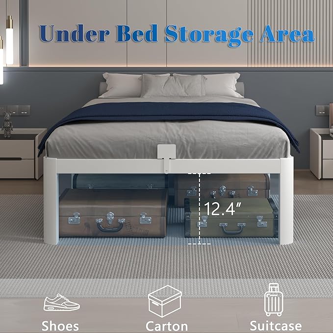 14 Inch Twin Bed Frames, White Bed Frame Twin Size with Metal Baffles, No Box Spring Needed, Heavy Duty Steel Platform Supprt, Rounded Corner Design, Reserved Holes, Noise Free, Storage Space