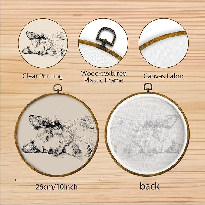 Hiuwevt Vintage Corgi Sleeping Round Wall Art Decor, Corgi Lovers Gifts Framed Canvas Prints, Neutral Sketch Dog Round Wall Hanging Decor for Home Bedroom Living Room Decorations, 10x10 Inches