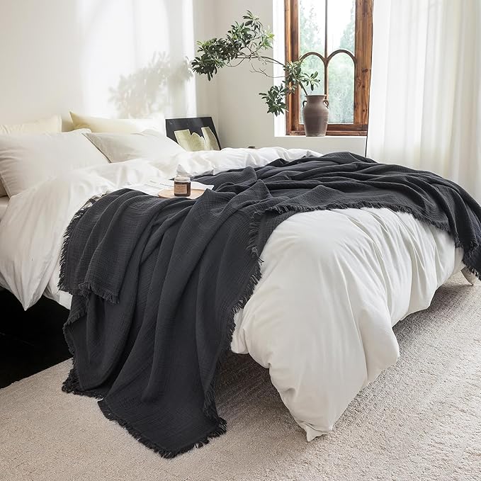 FOSSA Muslin Blanket with Fringe - 4-Layer 100% Cotton Gauze Super Soft & Breathable Throw -Lightweight Decorative Cooling Blanket for Bed, Sofa, Office -Twin XL Size 90" × 66" (Dark Gray)