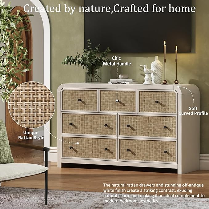 Oak&Sparrow 7 Drawer Dresser for Bedroom, 49'' Rattan Dresser with Ample Storage, Boho Chest of Drawers, Thickened Curved Profile Design, Oak Dressers for Bedroom, Living Room