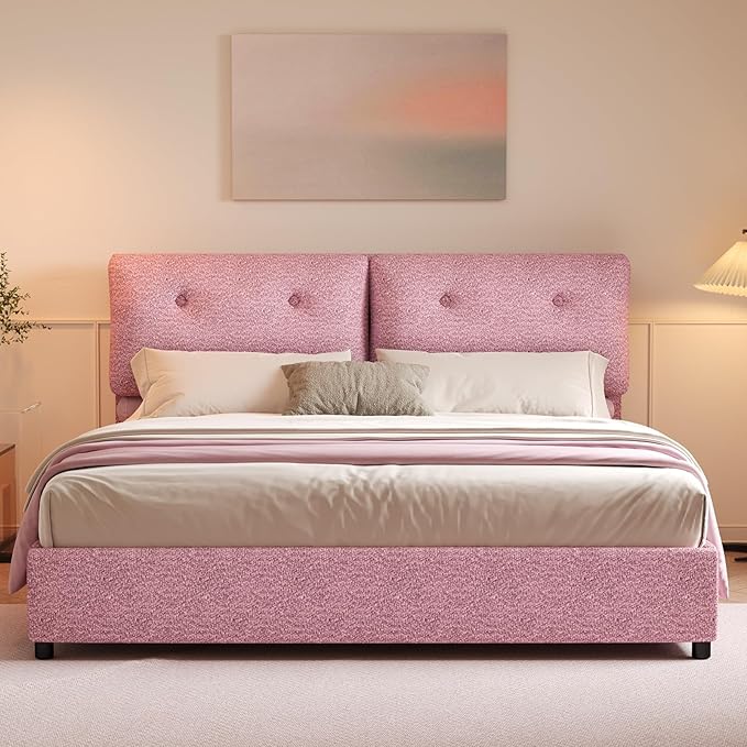 Boucle Upholstered Bed Frame King Size, Low Platform Bed King, Modern Soft Style, Adjustable Headboard, No Box Spring Needed, Easy Assembly, Pink