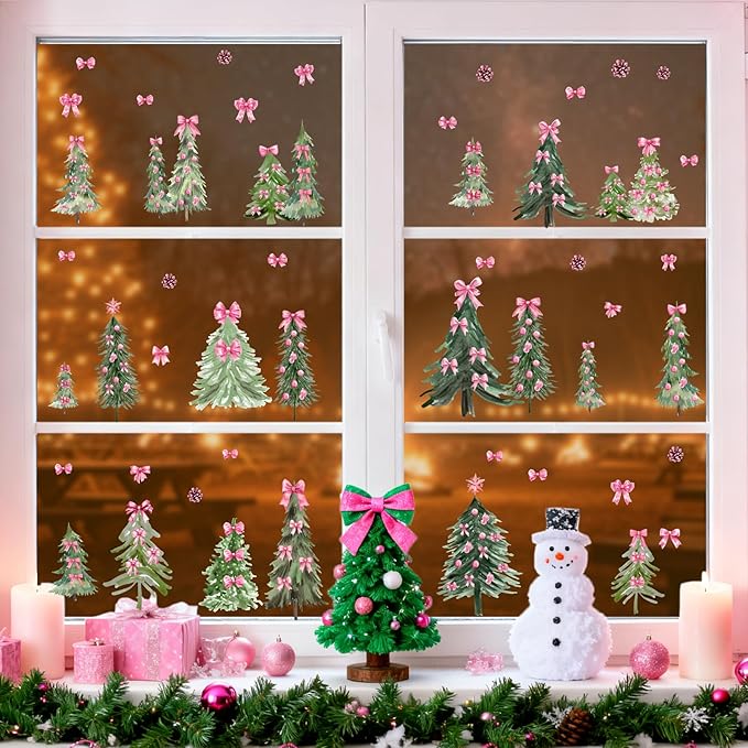 Christmas Tree Window Decals Small Pine Trees Wall Stickers Pink Bow Trees Windows Decals Watercolor Winter Green Tree Wall Stickers Removable Xmas Holiday Windows Decoration for Party Supplies