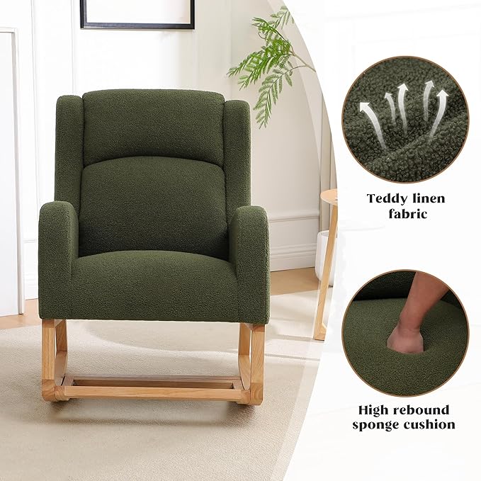 Rocking Chair Nursery, Nursing Rocking Chairs for Mom Nursery, Comfy Teddy Glider Rocking Armchair with Foot Rest for Nursery Living Room Bedroom, Green