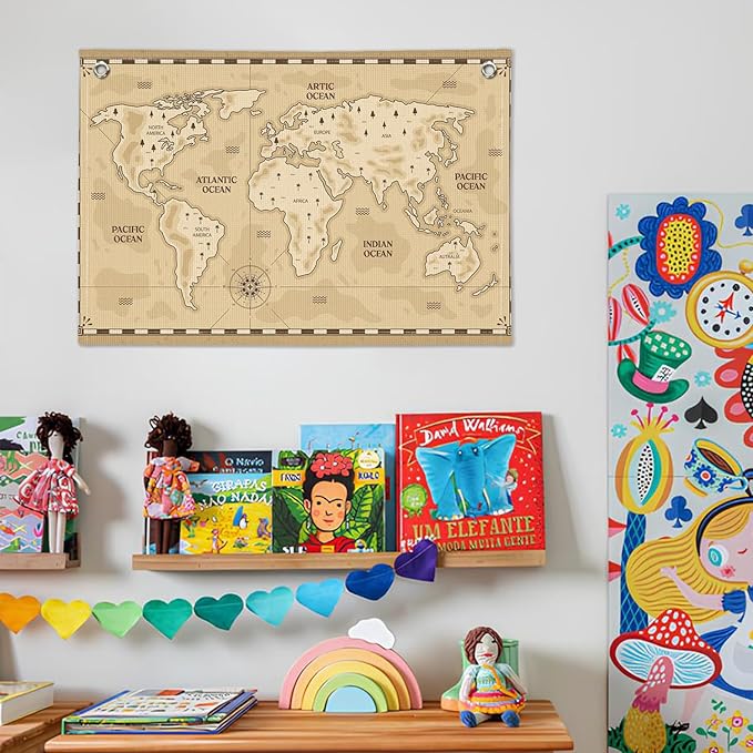 Wheatwin World Map Wall Art Banner for Kids 20x30, Vintage World Maps for Wall, World Map Cute Animal Educational Tapestry Wall Hanging Canvas Wall Decor Banner Flag Decor for Kids Room Playroom Classroom