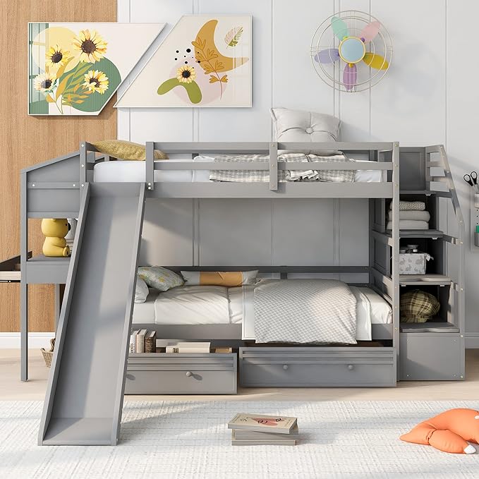 Twin Over Twin Bunk Bed with Storage Staircase and Slide, Wooden Bunk Bed Frame with Desk and Drawers, Multifunctional Bunk Bed for Kids Teens Adult Bedroom (Gray + Pine-Twin-04)