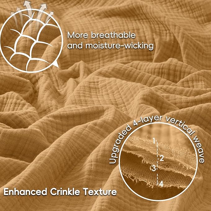 PHF 100% Cotton Muslin Blanket Queen Size 90"x90", 4-Layer Lightweight Gauze Throw, Breathable Cloud-Soft Minimalist Blanket for Bed, Couch, Camping & Baby, Amber, Ideal Gift