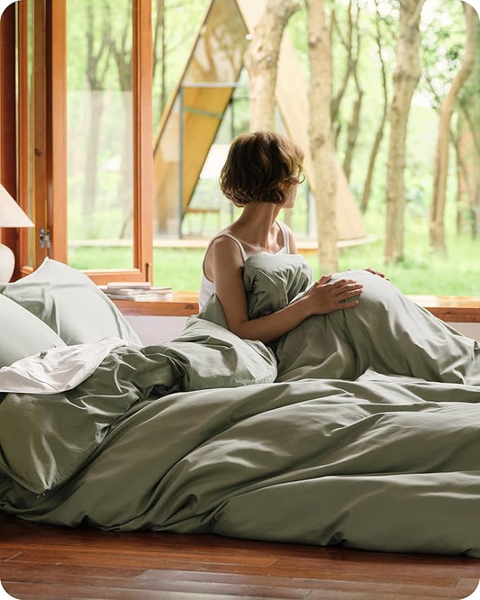 Bedsure Cotton Duvet Cover Queen Size, Cotton & Rayon Derived from Bamboo Blend Duvet Cover Set for Hot Sleepers,Ultra-Soft, Breathable & Lightweight Home Bedding for All Seasons (Sage Green,90"x90")