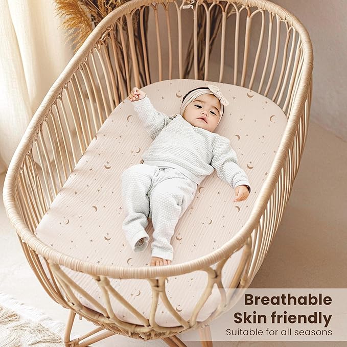 Konssy 2 Pack Muslin Bassinet Sheets for Baby Boy, 100% Cotton Soft Breathable Bassinet Mattress Sheets Fit for Hourglass Oval Cradle Rectangle Mattress (Coffee Check,Moon)