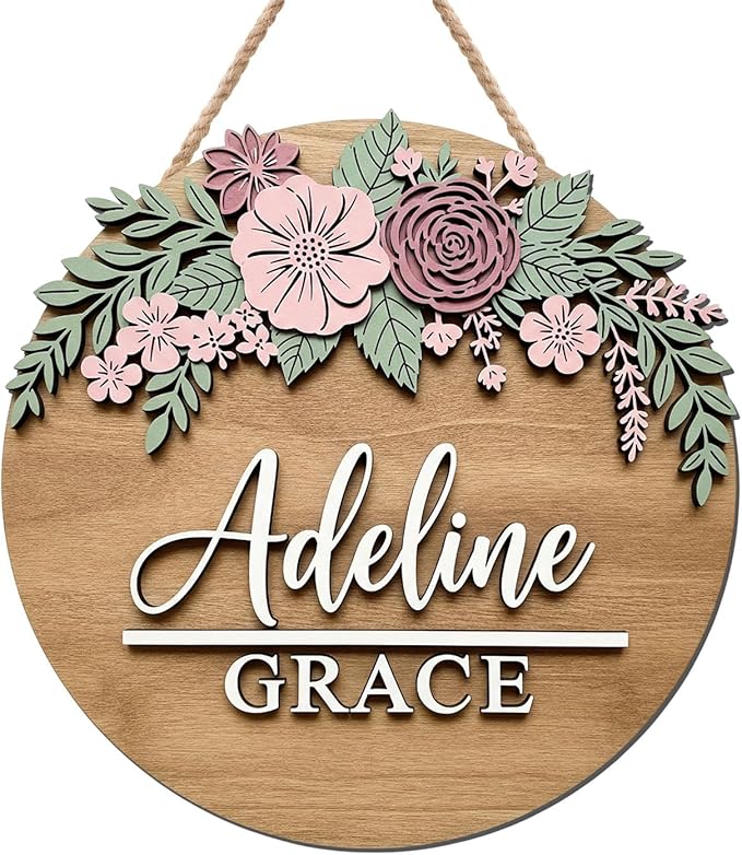 Personalized Wooden Nursery Sign with Engraved Name and Pink Flowers – Custom Baby Room Wall Decor and Keepsake Gift for Girls Baby Nursery Decor