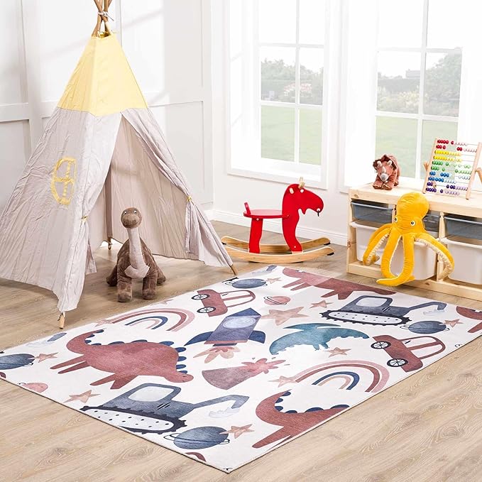 Hauteloom Libra Living Room, Bedroom Machine Washable Area Rug - Dinosaur, Car - Beige, Brown, Terracotta - 5'3" x 7'3"