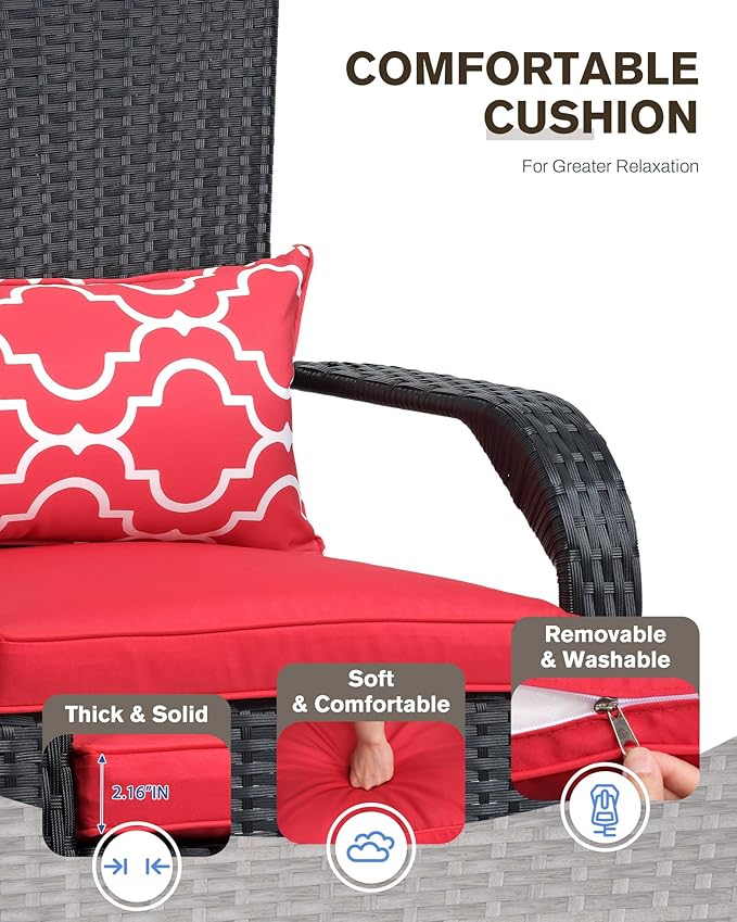 Outdoor Rocking Chair- Outdoor Rattan Rocker Chair with Heavy Duty Steel Frame- All Weather Rocker Chair for Garden, Porch, Backyard, Poolside (Black Rattan & Red Cushion, 320lbs)
