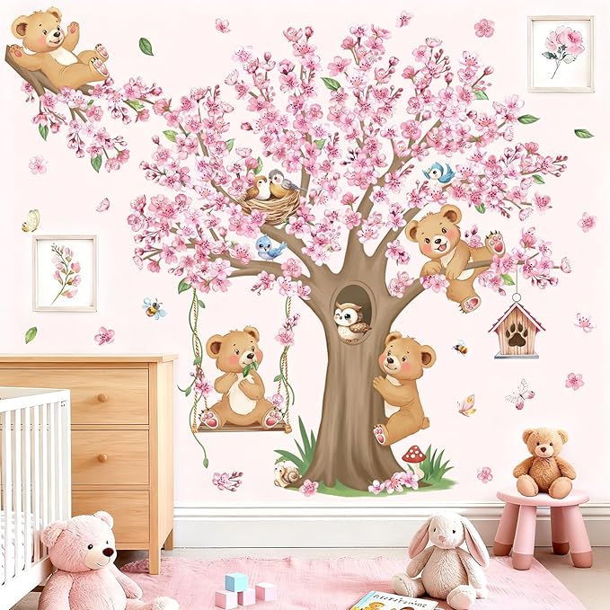 decalmile Woodland Animals Large Cherry Blossom Tree Wall Stickers Pink Flower Bear Wall Decals Baby Nursery Kids Bedroom Living Room Home Decor