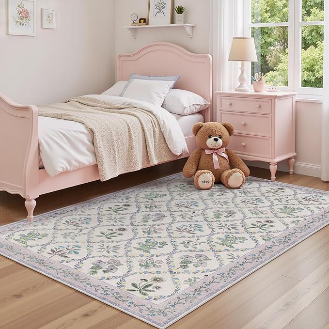 Purple Rugs for Bedroom Girls, 4x6 Boho Floral Washable Area Rug Non Slip, Soft Indoor Decor Elegant Carpet for Kids Room Nursery Living Room Dining Room, Purple Grey