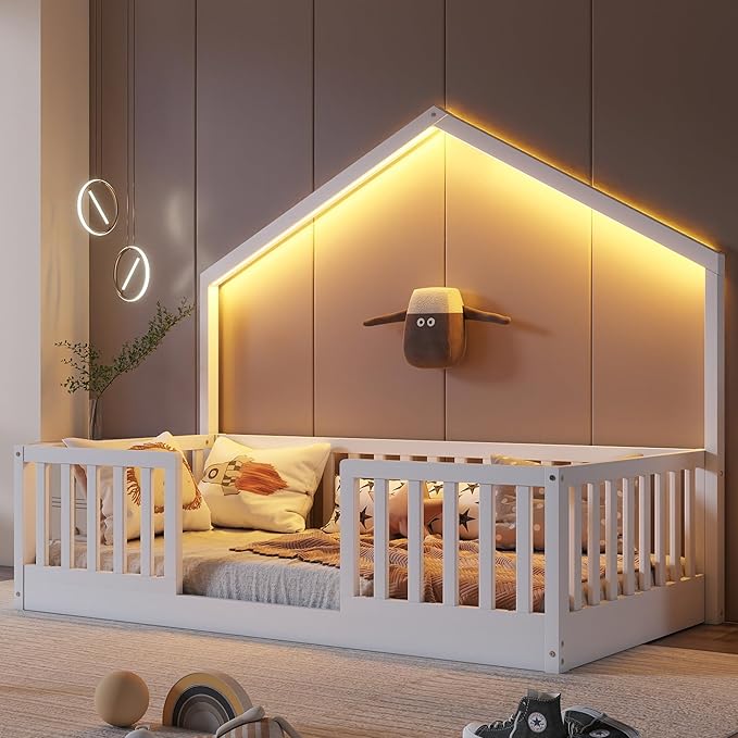 Twin Size House Bed for Kids, Low Profile Montessori Bed Twin with High Railings, Wood House Shape Montessori Beds with Light & Roof for Kids, White