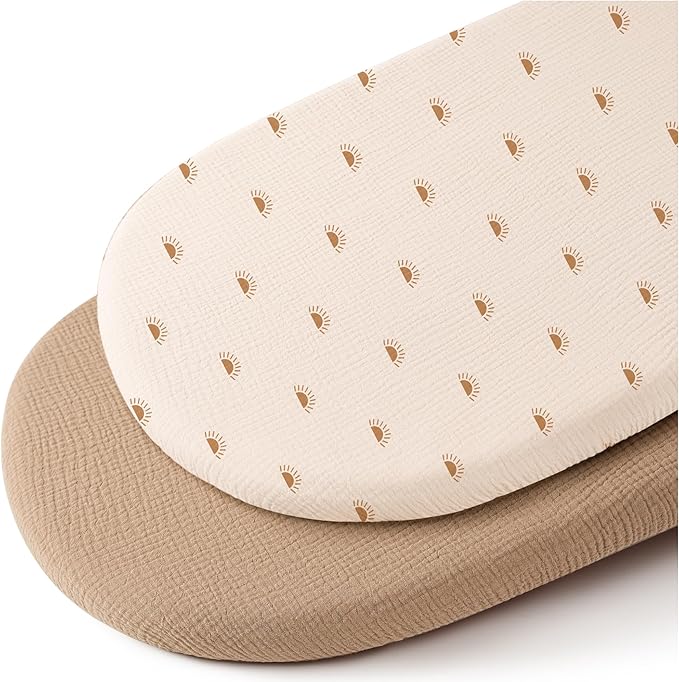 Konssy Muslin Bassinet Sheets for Baby Girl Boy, 2 Pack Soft Breathable Baby Bassinet Mattress Sheets Fit for Hourglass Oval Cradle, Moses Basket Rectangle Mattress (Camel, Sun)