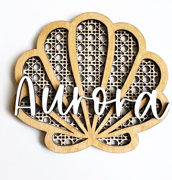 Personalized Rattan Seashell 3D Name Sign, Custom Boho Wood Personalized Name Sign, 3D Wooden Layered Handmade Letter Wall Decor for Nursery or Child's Bedroom, Rattan Baby Name Sign