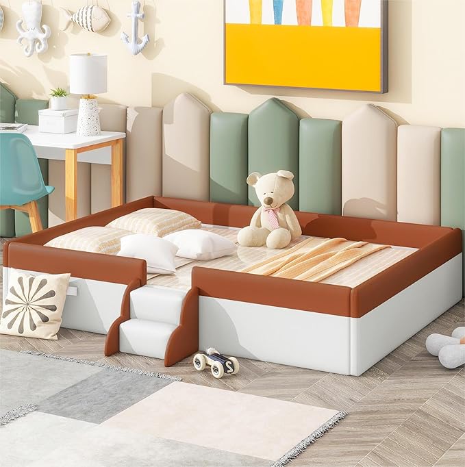 Merax Upholstered Kids' Daybed, Daybed Frame with Fence and Stairs, No Box Spring Needed, Full Size, Brown+White