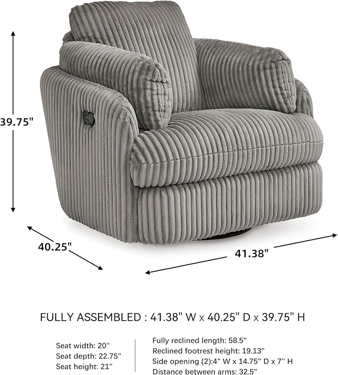Signature Design by Ashley Tie-Breaker Swivel Glider Recliner, 2 Bolster Pillows, Hidden Storage, Fabric Upholstery, 41.38" W x 40.25" D x 39.75" H, Light Gray