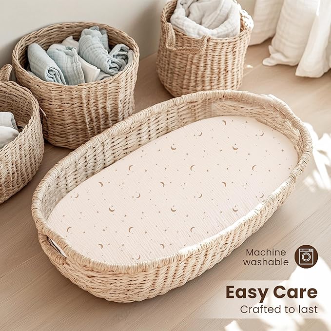 Konssy 2 Pack Muslin Bassinet Sheets for Baby Boy, 100% Cotton Soft Breathable Bassinet Mattress Sheets Fit for Hourglass Oval Cradle Rectangle Mattress (Coffee Check,Moon)