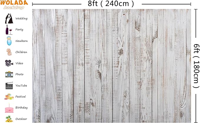 WOLADA 8x6FT Vintage Wood Backdrop Retro Rustic White Gray Wooden Floor Backdrops for Photography Kids Adult Photo Booth Video Shoot Vinyl Studio Prop 11890