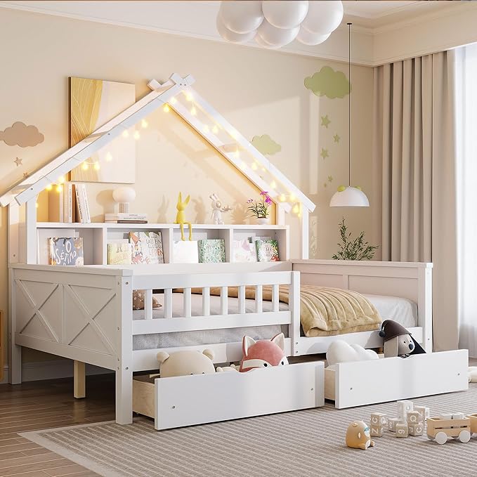 Bellemave Full House Platform Bed with Drawers Wood House Bed with Storage Shelves and LED Lights House Platform Bed Frame for Kids, Teens, Adults, No Spring Box Needed (White)
