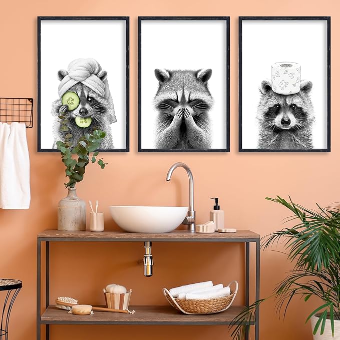 Funny Bathroom Adorable Raccoon Wall Art Decor 16x11 Inch Set Of 3 Laundry Animal Prints Wooden Framed Signs Rustic Washroom Interesting Modren Artwork Wall Hanging Deoration (Black)