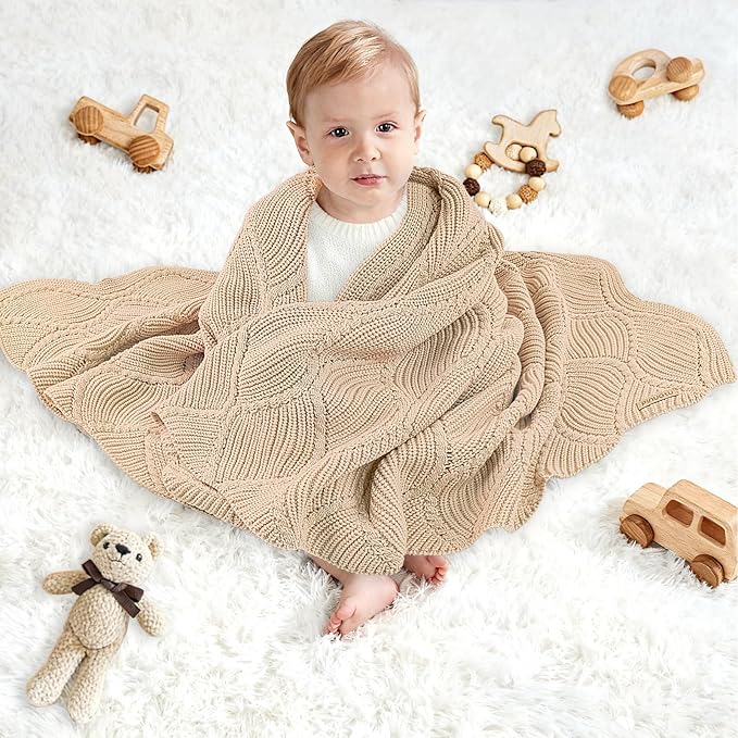 Thick Cotton Knit Baby Blanket 40x31 Inches – Soft Breathable Newborn Blanket for Boys & Girls, Wavy Pattern Receiving Blanket for Crib, Stroller, or Nursery, Gift Box for Baby Shower(Beige)